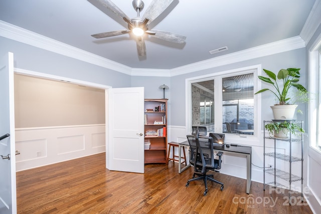 office space with ceiling fan, a healthy amount of sunlight, crown molding, and dark wood-type flooring