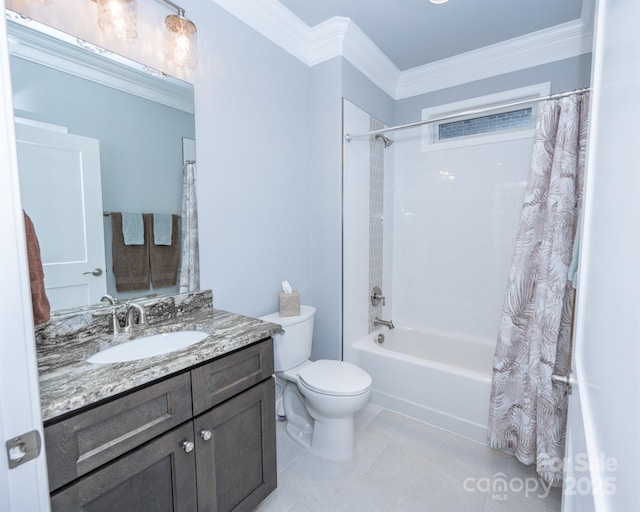 full bathroom with shower / bath combo, tile patterned floors, crown molding, toilet, and vanity