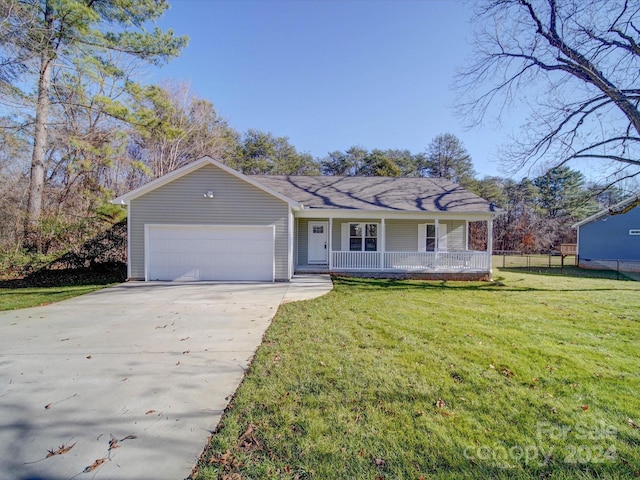 single story home with a front yard, a garage, and covered porch