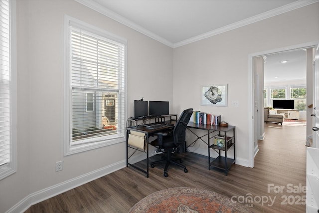 home office with ornamental molding, baseboards, and wood finished floors