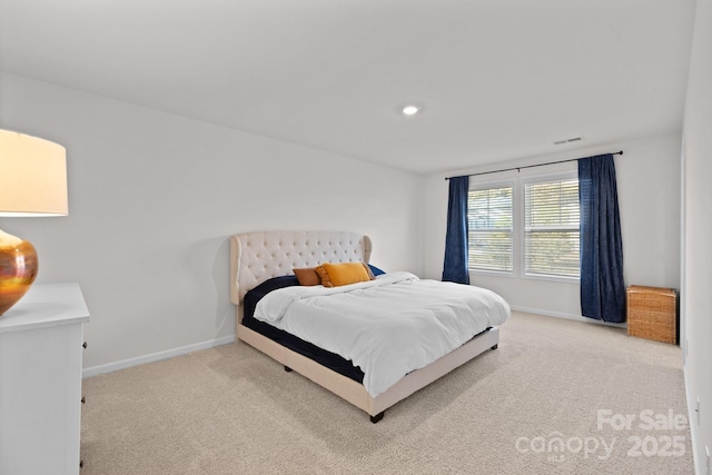 bedroom with recessed lighting, baseboards, visible vents, and carpet floors