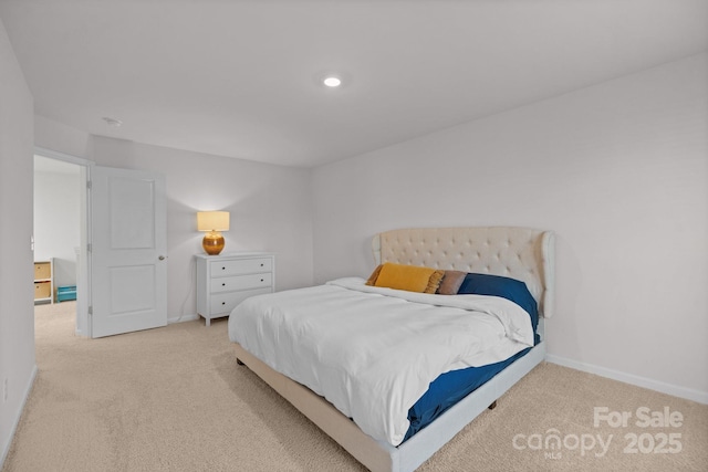 carpeted bedroom with recessed lighting and baseboards