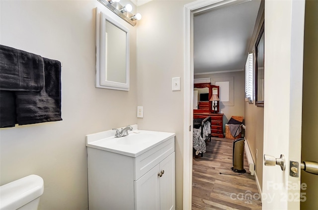 bathroom with toilet, vanity, and hardwood / wood-style flooring