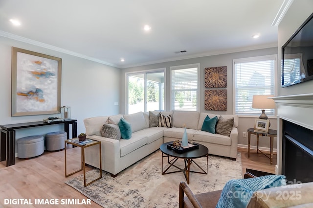 living room with light hardwood / wood-style floors, ornamental molding, and a wealth of natural light