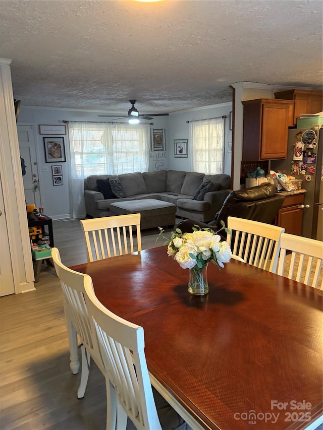 dining space with ceiling fan, a textured ceiling, and wood finished floors
