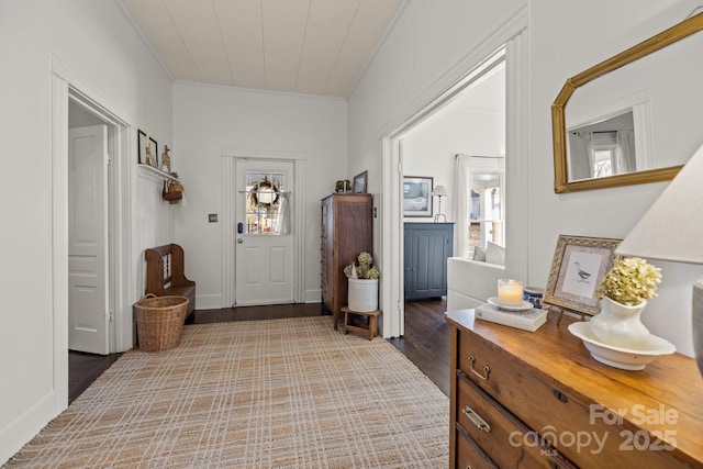 foyer entrance with crown molding and wood-type flooring