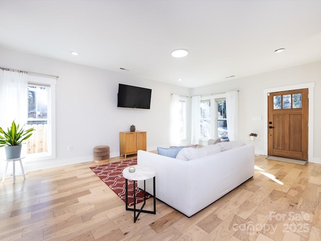 living room with plenty of natural light and light hardwood / wood-style floors