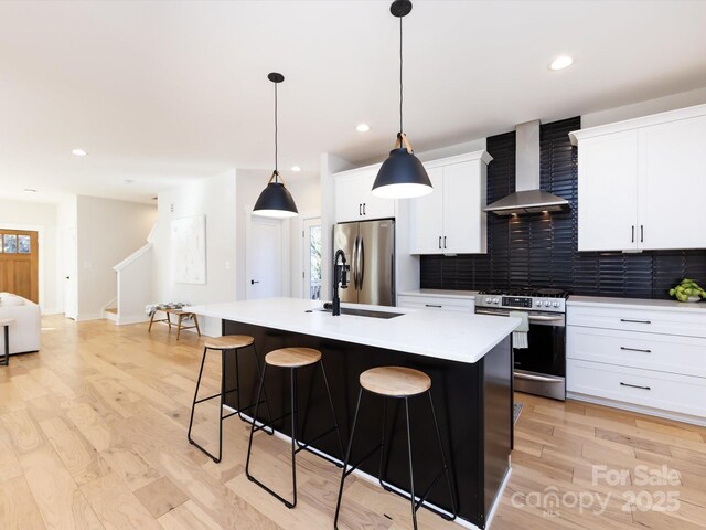 kitchen with backsplash, a center island with sink, wall chimney exhaust hood, and stainless steel appliances