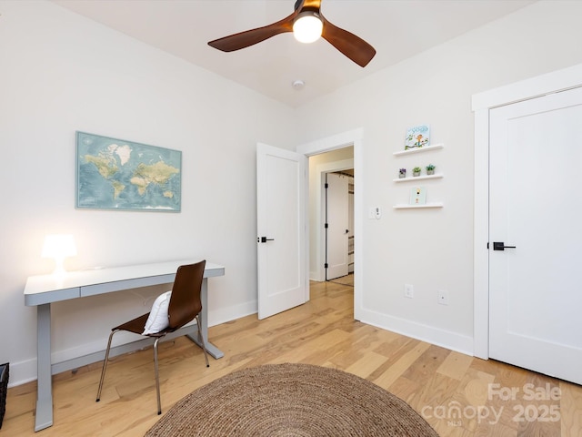 office area featuring ceiling fan and light hardwood / wood-style flooring