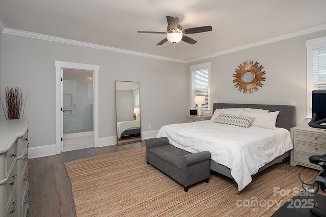 bedroom with ensuite bath, ceiling fan, crown molding, and hardwood / wood-style flooring