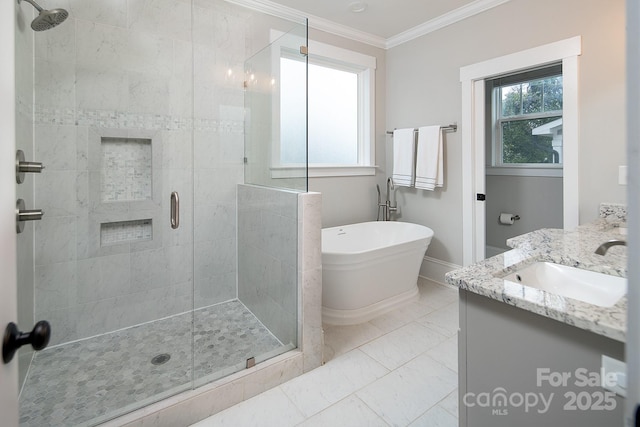 bathroom with tile patterned floors, plus walk in shower, crown molding, and vanity