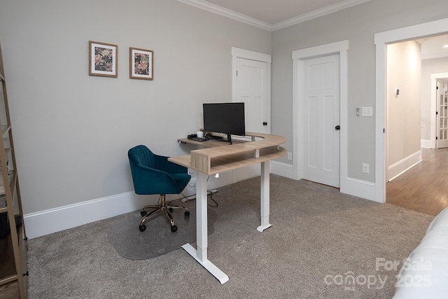 office space with ornamental molding and carpet floors