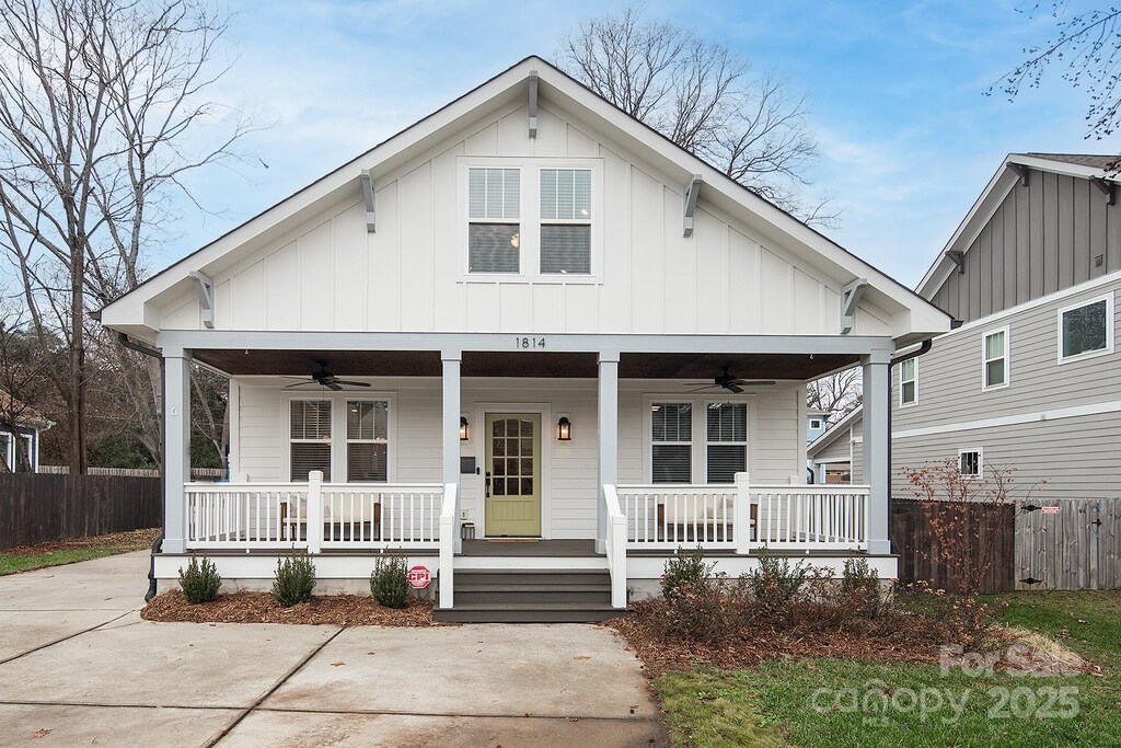 view of front of house with a porch and ceiling fan