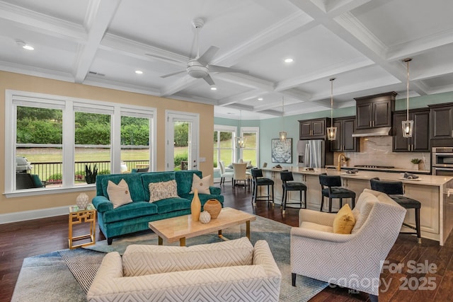 living room with beam ceiling, dark hardwood / wood-style flooring, and coffered ceiling