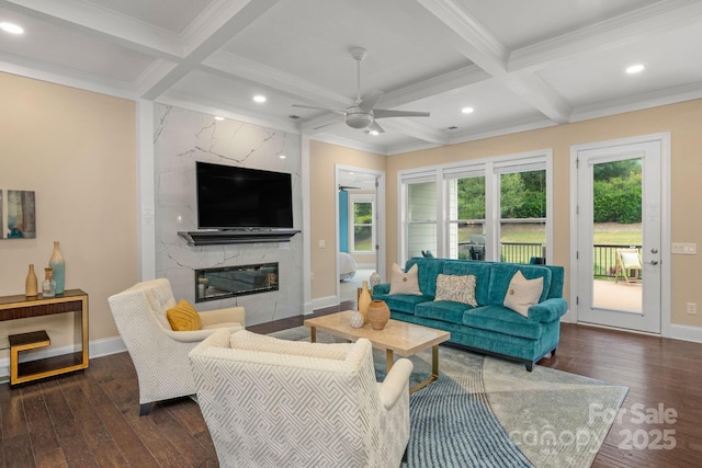 living room with beam ceiling, a high end fireplace, dark wood-type flooring, and coffered ceiling