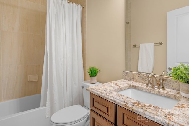 full bathroom with vanity, toilet, and shower / bathtub combination with curtain