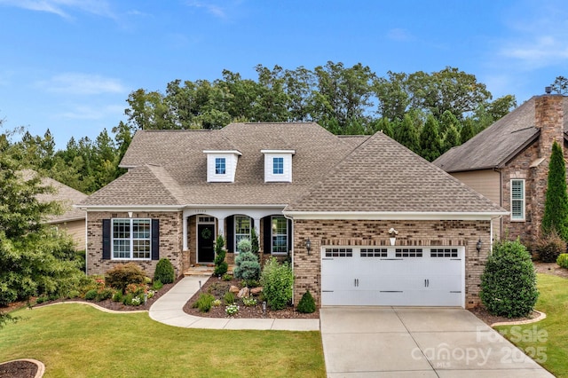 view of front of property with a front lawn and a garage