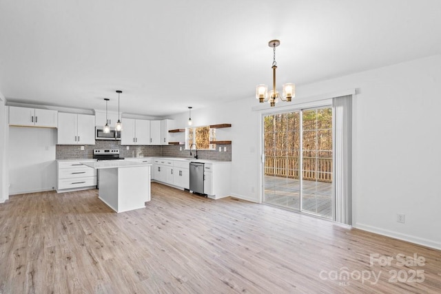 kitchen with a center island, hanging light fixtures, sink, appliances with stainless steel finishes, and white cabinetry