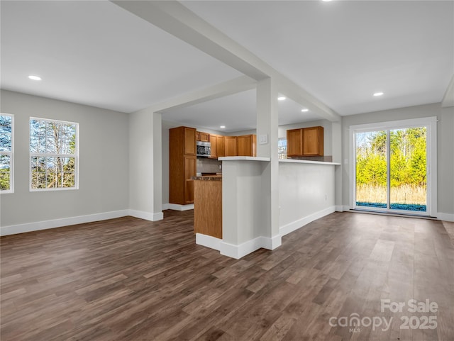 kitchen with dark hardwood / wood-style floors and kitchen peninsula