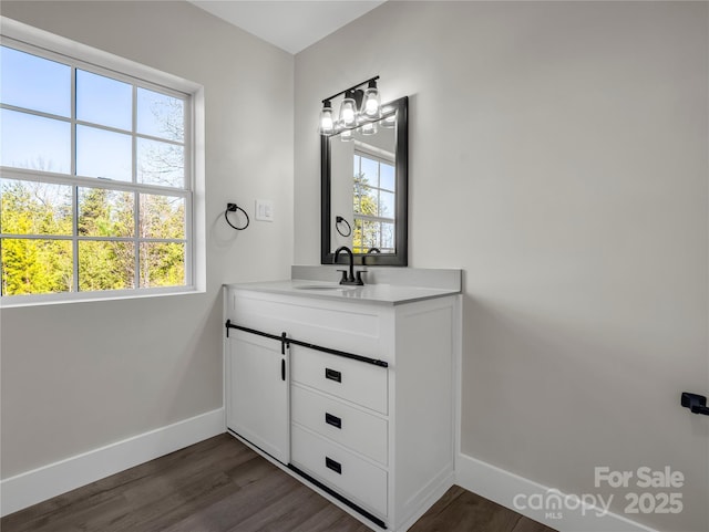 bathroom featuring hardwood / wood-style flooring and vanity