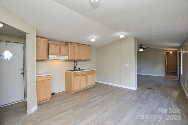 kitchen with light brown cabinetry, sink, ceiling fan, and light wood-type flooring