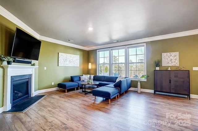 living room featuring crown molding and light hardwood / wood-style flooring