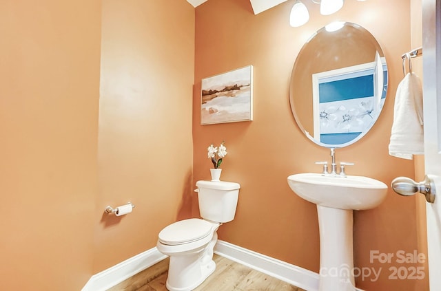 bathroom with wood-type flooring, toilet, and sink