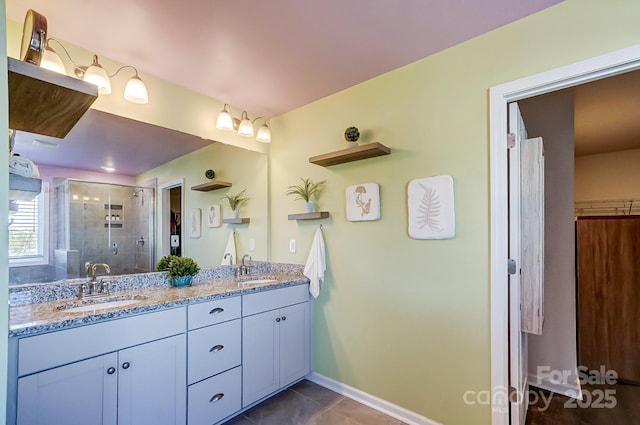 bathroom featuring tile patterned floors, vanity, and walk in shower