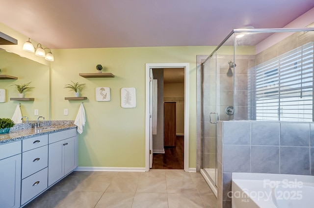 bathroom featuring tile patterned flooring, vanity, and a shower with door