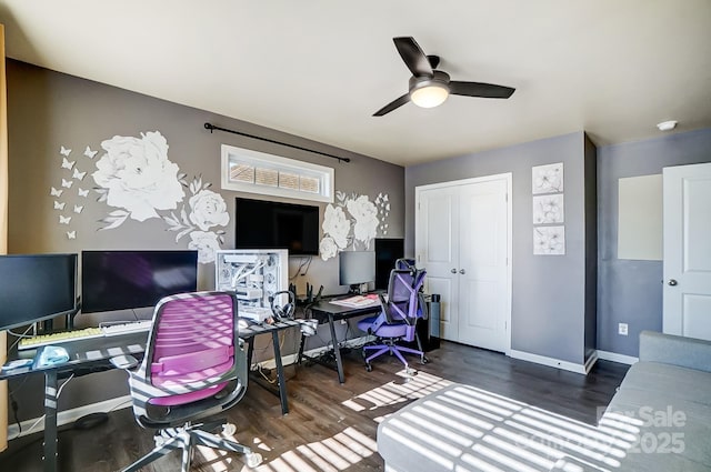 office featuring ceiling fan and dark hardwood / wood-style flooring