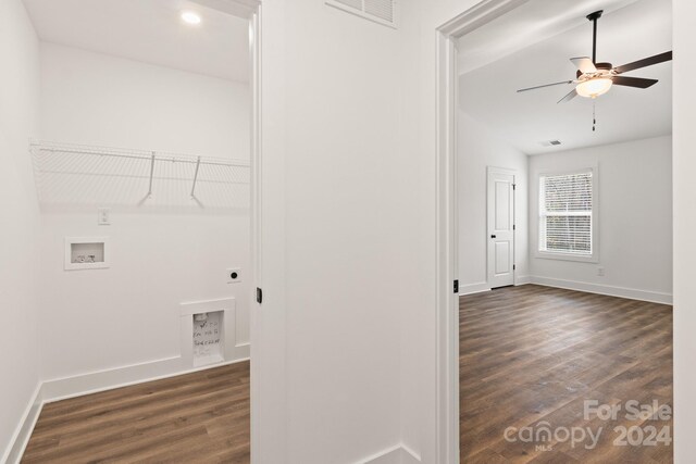 laundry area with electric dryer hookup, ceiling fan, washer hookup, and dark hardwood / wood-style floors