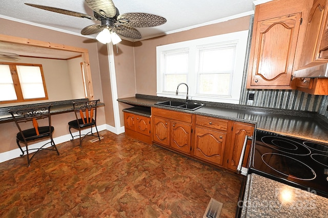 kitchen with range, ceiling fan, crown molding, and sink