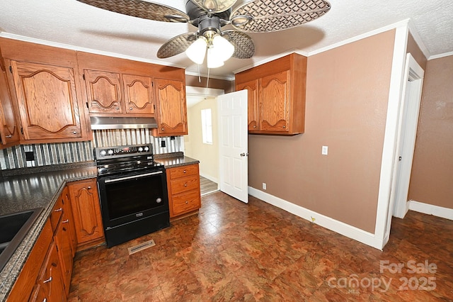 kitchen with a textured ceiling, ceiling fan, crown molding, sink, and black electric range oven