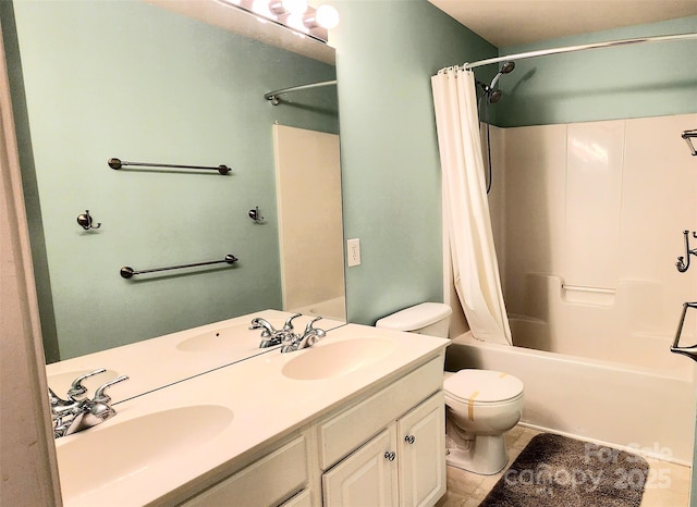 full bathroom featuring vanity, shower / bath combination with curtain, and toilet