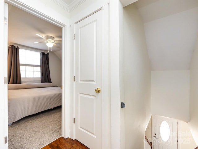 unfurnished bedroom with vaulted ceiling, dark hardwood / wood-style flooring, and ceiling fan