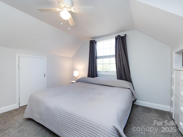 bedroom featuring ceiling fan, lofted ceiling, and carpet