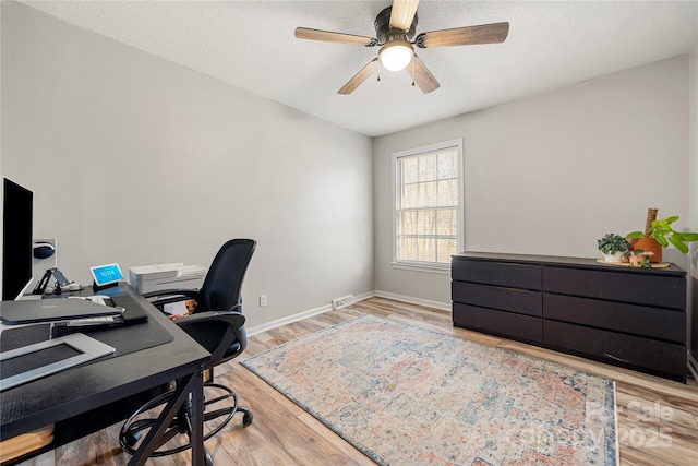 office featuring ceiling fan, wood-type flooring, and a textured ceiling