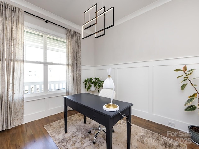 office space featuring dark wood-type flooring, wainscoting, a decorative wall, and ornamental molding