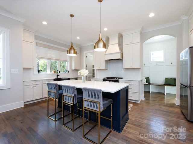 kitchen featuring crown molding, a kitchen island, appliances with stainless steel finishes, and custom exhaust hood