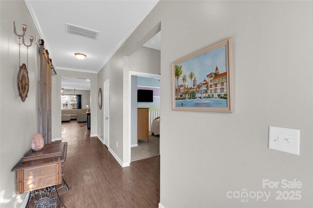 corridor featuring a barn door, dark wood-type flooring, and crown molding