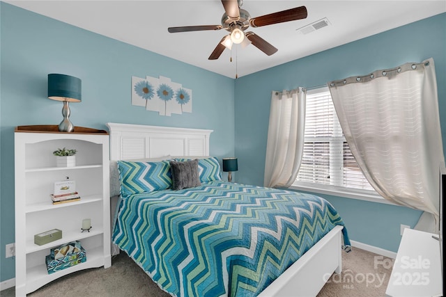 carpeted bedroom featuring ceiling fan