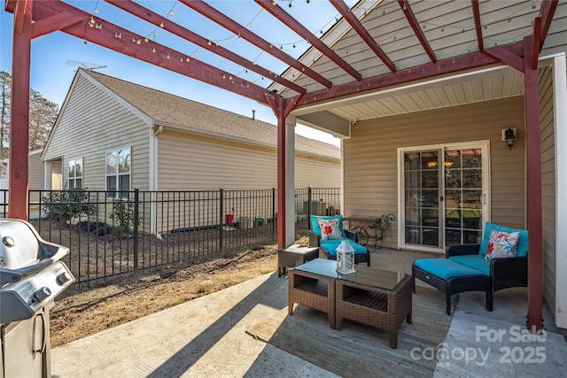 view of patio featuring a pergola, a grill, and an outdoor hangout area