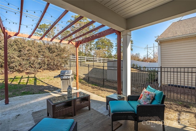 view of patio with outdoor lounge area, a grill, and a pergola