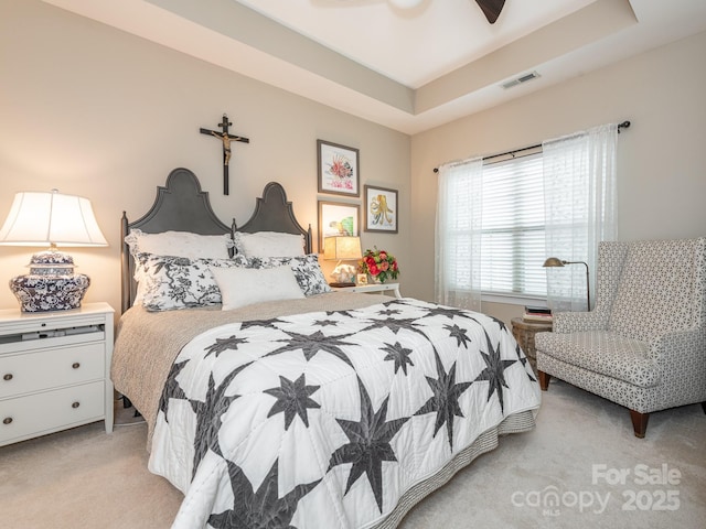 carpeted bedroom featuring a raised ceiling and ceiling fan