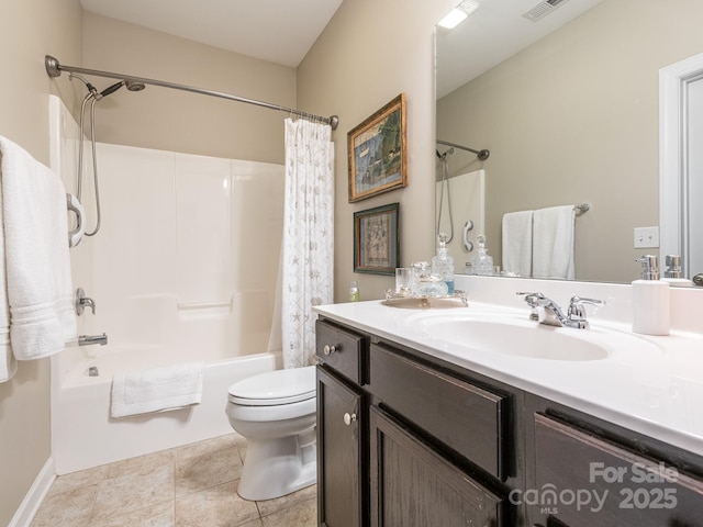 full bathroom with shower / bath combo, vanity, toilet, and tile patterned floors