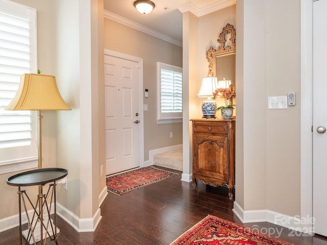 foyer entrance featuring dark hardwood / wood-style flooring and ornamental molding