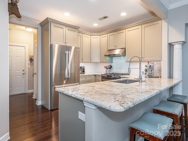 kitchen with sink, dark hardwood / wood-style floors, light stone counters, kitchen peninsula, and stainless steel appliances