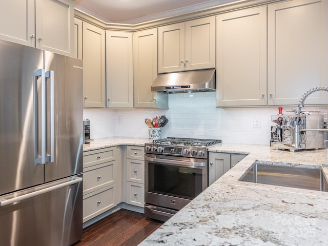 kitchen featuring sink, light stone counters, dark hardwood / wood-style floors, backsplash, and appliances with stainless steel finishes