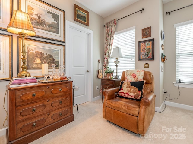 living area featuring light carpet and a wealth of natural light