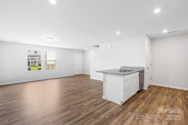 kitchen featuring white cabinetry, sink, stainless steel dishwasher, and dark hardwood / wood-style floors